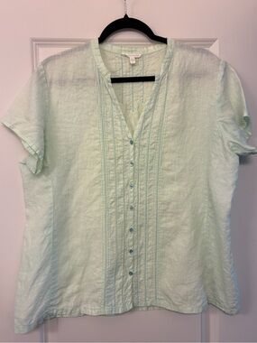 EILEEN FISHER Irish Linen Top Short Sleeve Light Mint Green/Blue Size Large